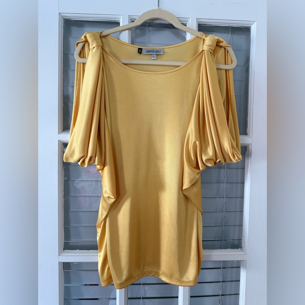 Jennifer Lopez Women's L Gold Knotted Shoulders Drape Sleeve Blouse | SKU 0055